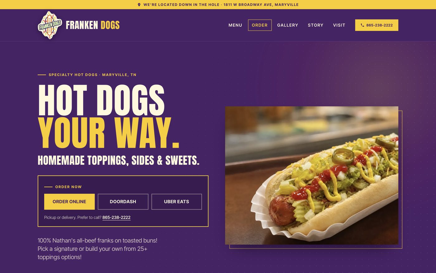 The redesigned Franken Dogs website: a bold purple and yellow home page with the headline Hot Dogs Your Way and a photo of a loaded hot dog