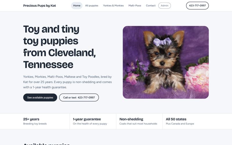 The Precious Pups by Kat website: the headline Toy and tiny toy puppies from Cleveland, Tennessee beside a photo of a Yorkie puppy with a purple bow, with a row of highlights below